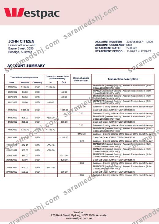 Australia Westpac bank statement